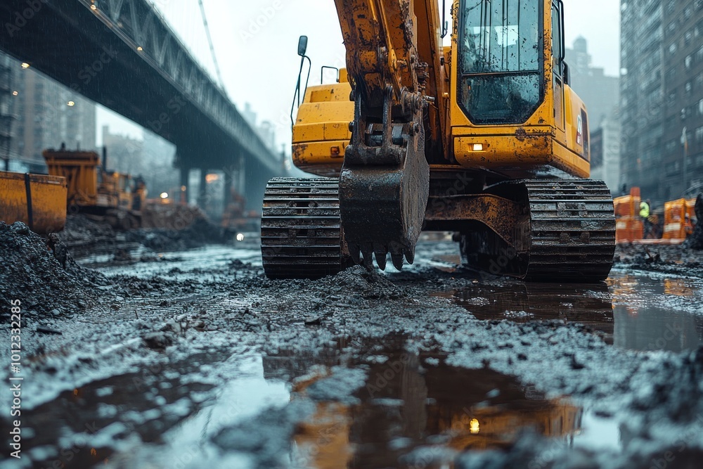 Close-up of a yellow excavator working on a construction site in the city, with muddy ground and a bridge in the background. Close-up of a yellow excavator working on a construction site in the city, with muddy ground and a bridge in the background.
