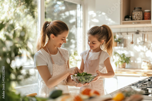 A woman and a young girl are in a kitchen preparing a salad