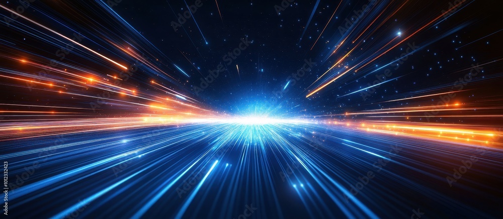 Blue light speed background with streaks of white and orange lights on a dark blue background. Digital abstract technology design for business, data transfer concept, Blue light speed background with streaks of white and orange lights on a dark blue background. Digital abstract technology design for business, data transfer concept,