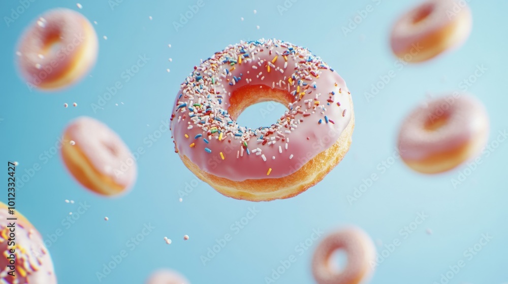 Multiple donuts with decorative icing and sprinkles flying in dynamic generative ai Multiple donuts with decorative icing and sprinkles flying in dynamic generative ai