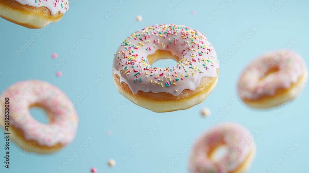 Multiple donuts with icing and decorative sprinkles flying generative ai Multiple donuts with icing and decorative sprinkles flying generative ai