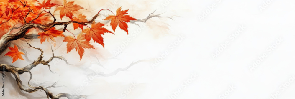 A branch of vibrant red and orange leaves with a soft white background. A branch of vibrant red and orange leaves with a soft white background.