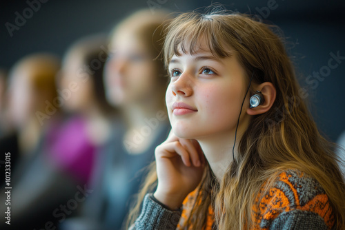 A girl with long brown hair is wearing headphones and looking at something