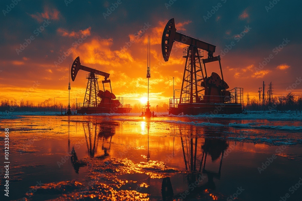 Two oil pumps silhouette against a fiery sunset with reflections in a frozen lake. Two oil pumps silhouette against a fiery sunset with reflections in a frozen lake.
