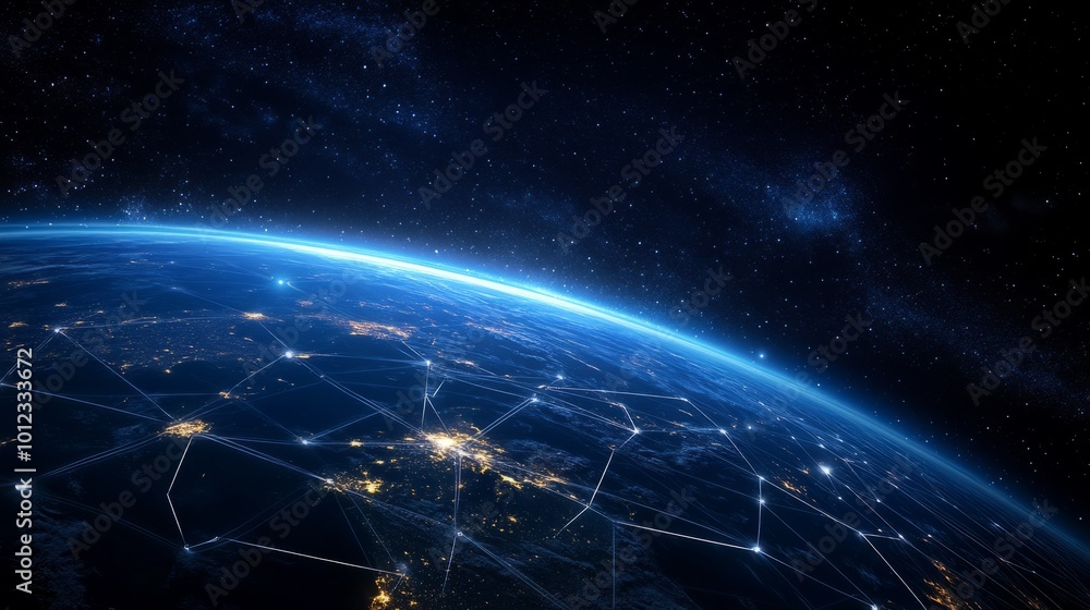 Night planet Earth, network light lines linking continents. International business and communication system. generative ai Night planet Earth, network light lines linking continents. International business and communication system. generative ai