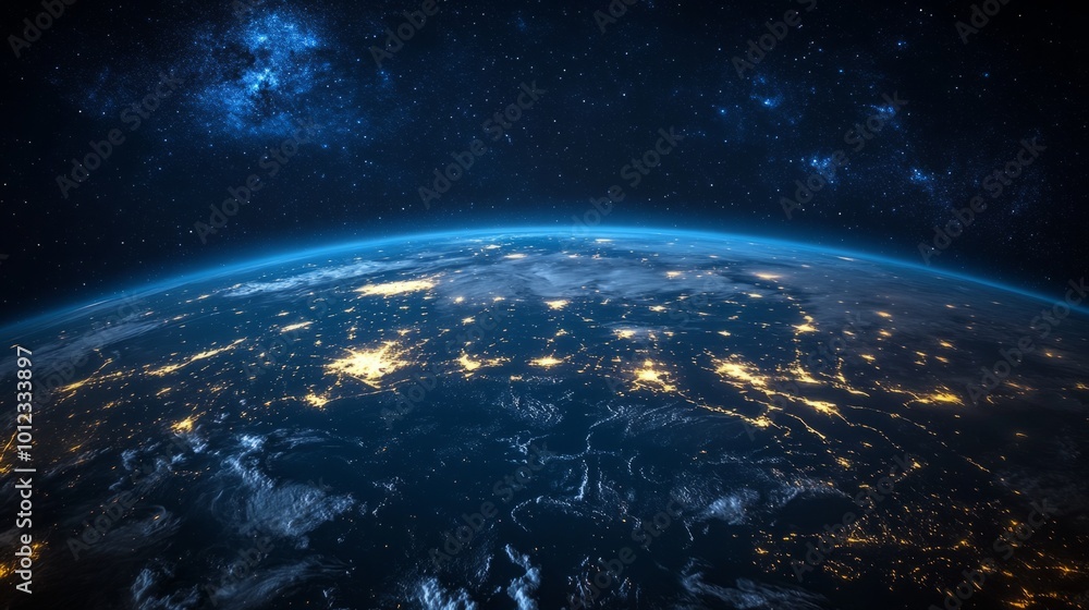 Night planet Earth, network light lines linking continents. International business and communication system. generative ai Night planet Earth, network light lines linking continents. International business and communication system. generative ai