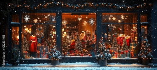 Festive Holiday Window Display with Mannequins in Winter Attire Amid Christmas Decorations and Twinkling Lights
