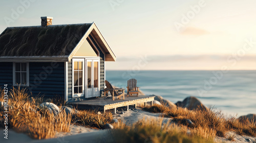 A charming coastal cabin on a sandy bluff, overlooking the expansive ocean, surrounded by grass and tranquility. photo