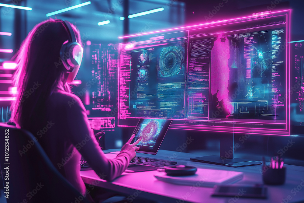 A woman is sitting at a computer desk with a pink monitor and a pink keyboard A woman is sitting at a computer desk with a pink monitor and a pink keyboard
