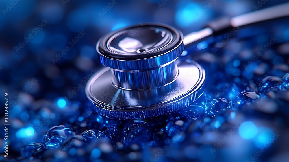 A close-up of a stethoscope resting on a bed of blue gel beads, representing the healthcare industry. A close-up of a stethoscope resting on a bed of blue gel beads, representing the healthcare industry.