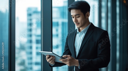 Businessman Using Tablet in Modern Office Setting