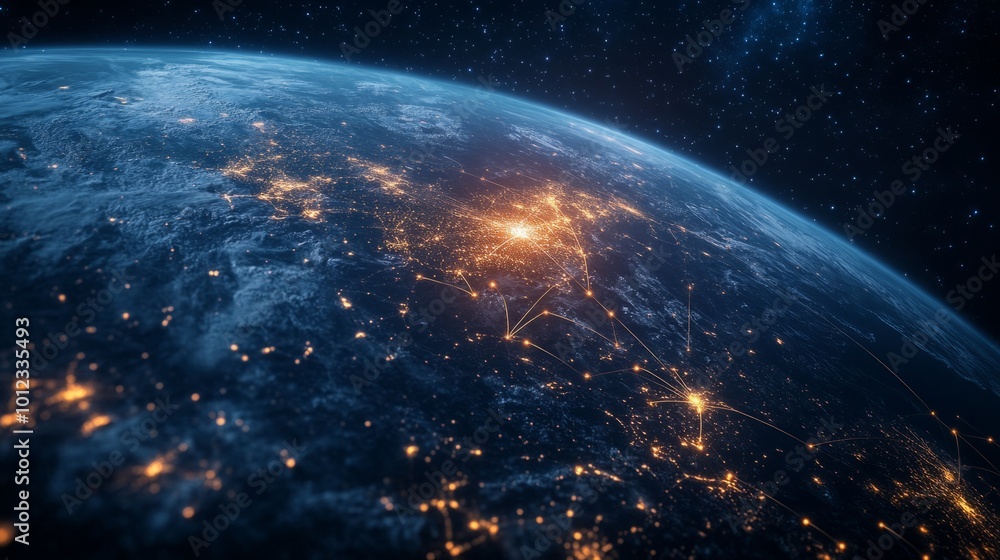 Night planet Earth, with glowing connection lines between continents, symbolizing worldwide communication networks generative ai Night planet Earth, with glowing connection lines between continents, symbolizing worldwide communication networks generative ai