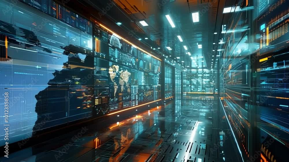 Glowing financial charts and world maps are displayed on monitors, creating a futuristic atmosphere inside a data center Glowing financial charts and world maps are displayed on monitors, creating a futuristic atmosphere inside a data center
