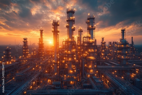 A large industrial plant with many tall towers and pipes illuminated at sunset.