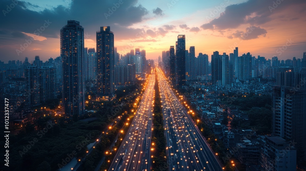An aerial view of a busy highway cutting through a modern city skyline at sunset. The road is lined with streetlights and traffic flows in both directions. An aerial view of a busy highway cutting through a modern city skyline at sunset. The road is lined with streetlights and traffic flows in both directions.