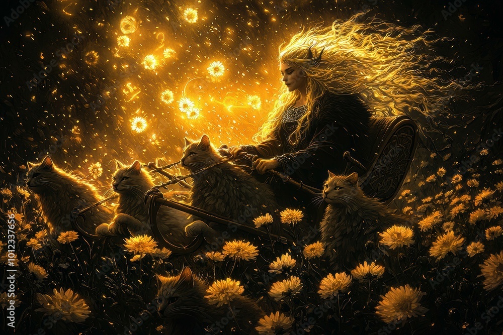 custom made wallpaper toronto digitalFreya Riding a Chariot Pulled by Cats Through a Flower Field in Golden Sunlight