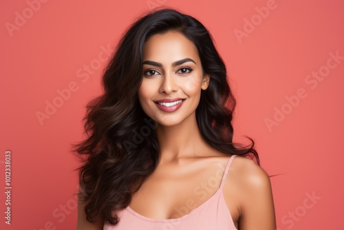 Portrait of beautiful young happy smiling woman, over red background.