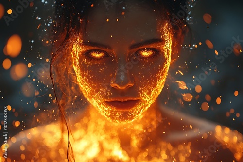 Fiery Woman with Glowing Eyes, Fantasy Art Illustration