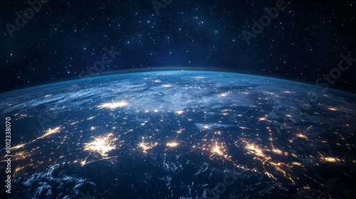 Night planet view from space, light paths of communication connecting continents. Concept of global connections and technology. generative ai