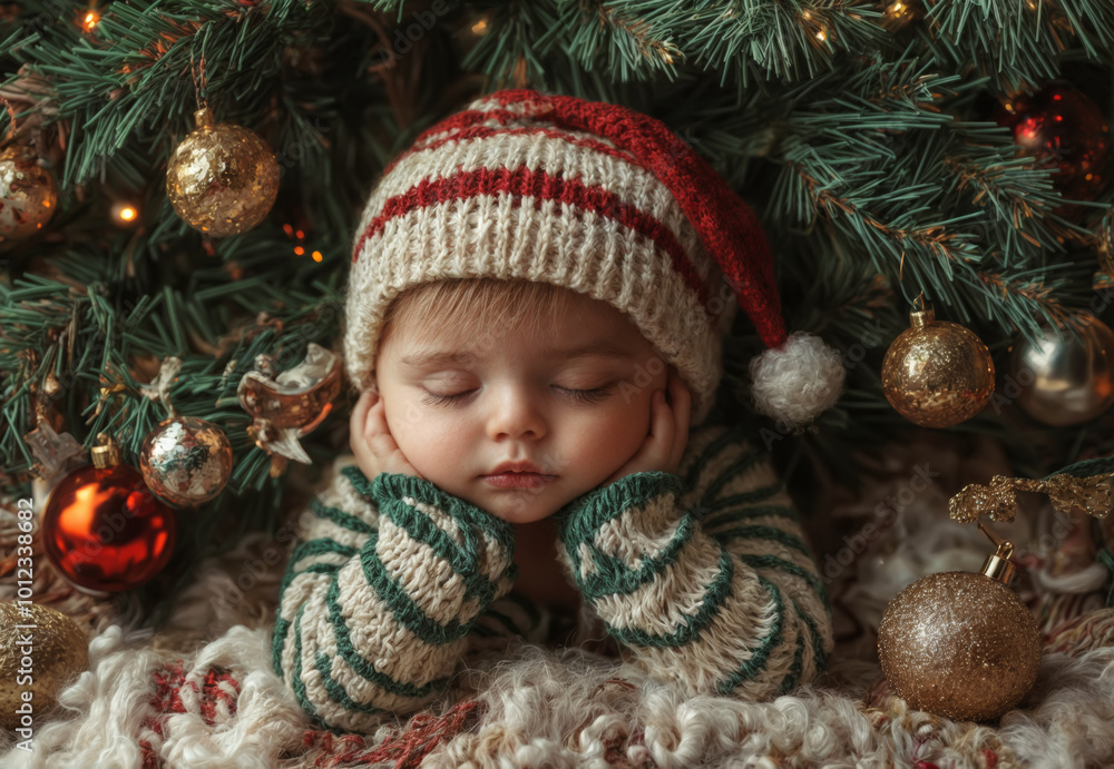Adorable Baby wearing a red and white striped hat sleeping peacefully and surrounded by Christmas ornaments, creating a festive and cozy atmosphere.. Adorable Baby wearing a red and white striped hat sleeping peacefully and surrounded by Christmas ornaments, creating a festive and cozy atmosphere..