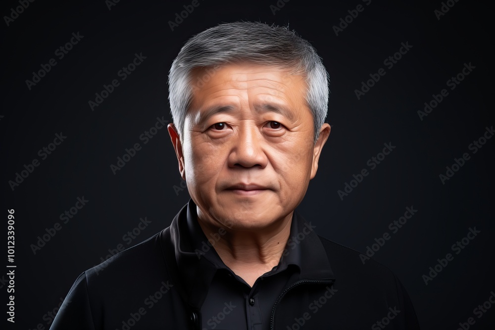 Portrait of an elderly asian man in black shirt on black background Portrait of an elderly asian man in black shirt on black background