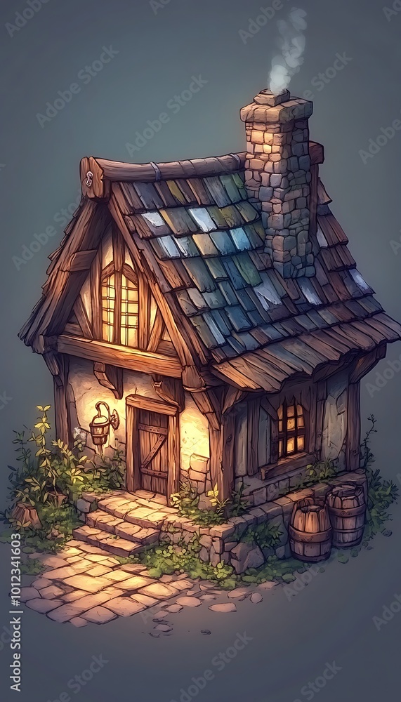 Fototapeta premium Charming cottage with smoke coming from chimney, stone path, lantern, barrels, and green vines in front. Concept of rustic home, cozy living, fantasy