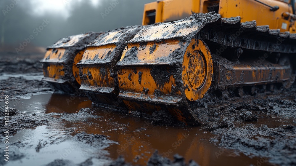 Close-up of muddy tracks of a bulldozer in a construction site. Close-up of muddy tracks of a bulldozer in a construction site.
