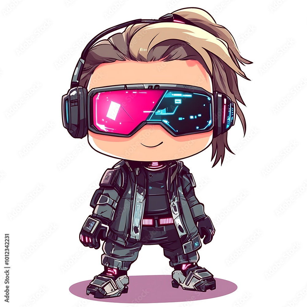 Cute chibi character wearing futuristic headphones and goggles Cute chibi character wearing futuristic headphones and goggles