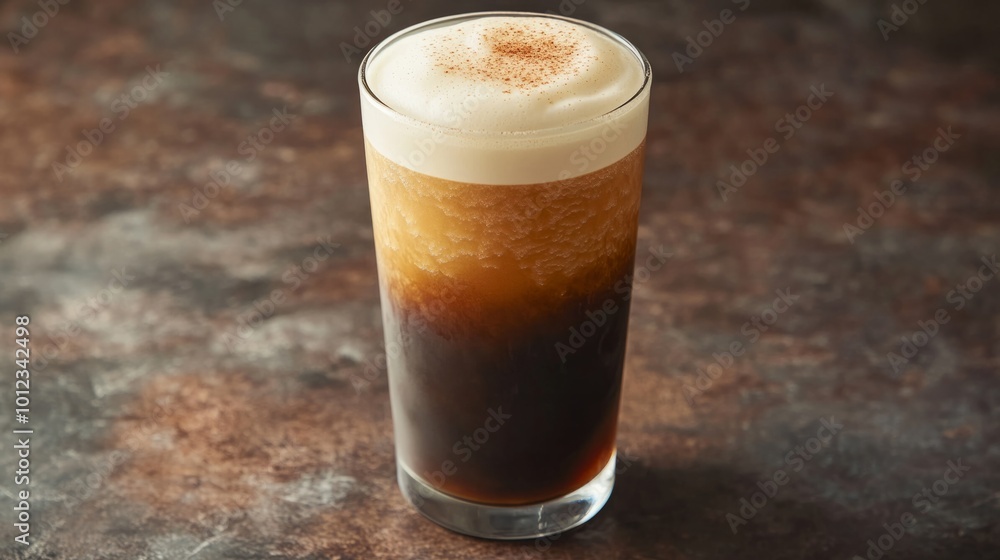 Nitro cold brew coffee in a tall glass, with a rich creamy foam on top generative ai Nitro cold brew coffee in a tall glass, with a rich creamy foam on top generative ai