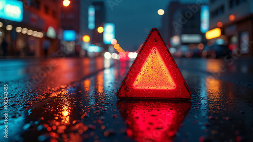 Reflective Warning Sign on Wet Road at Night