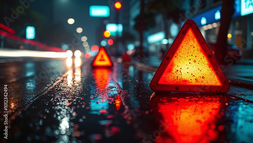 Reflective Warning Sign on Wet Road at Night photo