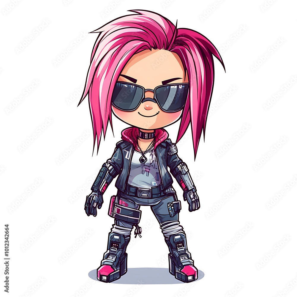 Cute Chibi Cartoon Girl with Pink Hair and Sunglasses Cute Chibi Cartoon Girl with Pink Hair and Sunglasses