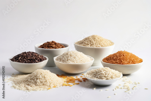 Bowls of various grains and rice on a white surface