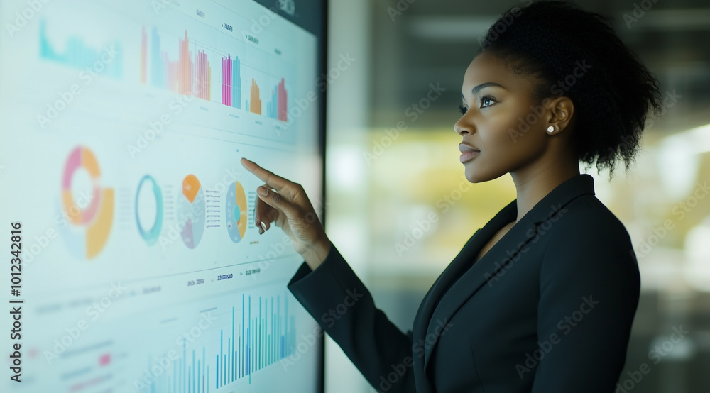 A professional woman in business attire stands before an interactive digital wall displaying various graphs and charts with data visualization graphics. A professional woman in business attire stands before an interactive digital wall displaying various graphs and charts with data visualization graphics.