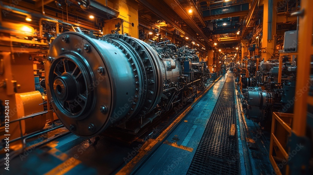 Large industrial gas turbine engine in a power plant. Large industrial gas turbine engine in a power plant.