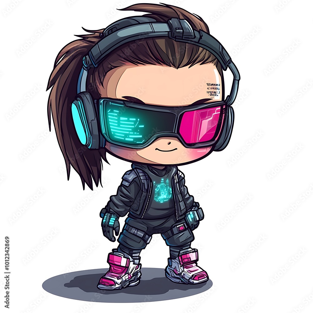 Cute Cartoon Gamer Girl with Headphones and Futuristic Sunglasses Cute Cartoon Gamer Girl with Headphones and Futuristic Sunglasses