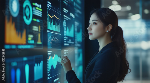 A professional woman in business attire stands before an interactive digital wall displaying various graphs and charts with data visualization graphics.