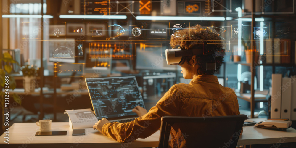 An office scene featuring a person using augmented reality glasses An office scene featuring a person using augmented reality glasses