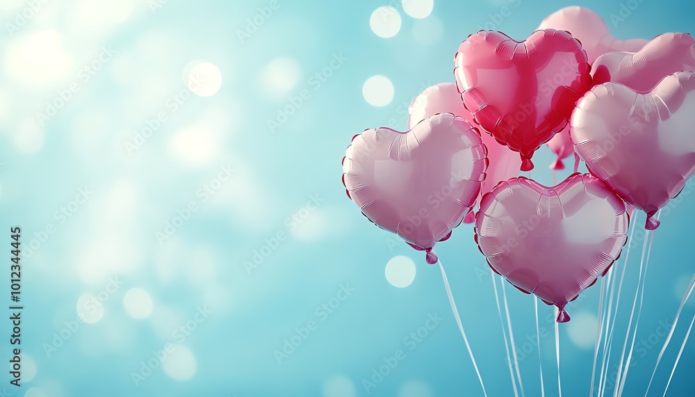 Blue background with floating pink heartshaped balloons, ideal for designing love cards and wedding invitations with central copy space Blue background with floating pink heartshaped balloons, ideal for designing love cards and wedding invitations with central copy space