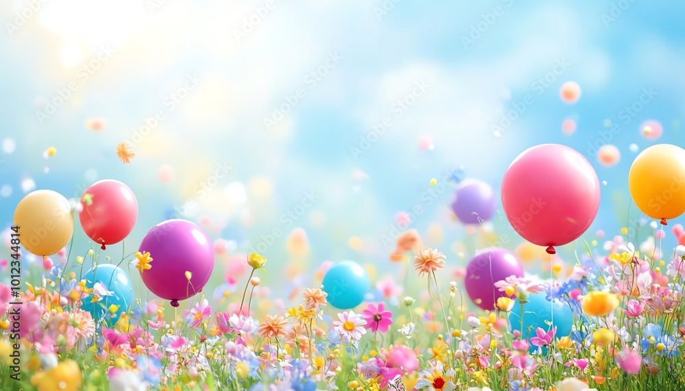 Colorful balloons against a spring flower field background, ideal for creating a spring party concept image with generous space for text Colorful balloons against a spring flower field background, ideal for creating a spring party concept image with generous space for text