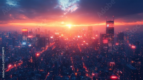 A stunning panoramic view of a futuristic city skyline at sunset with glowing red and blue lights.