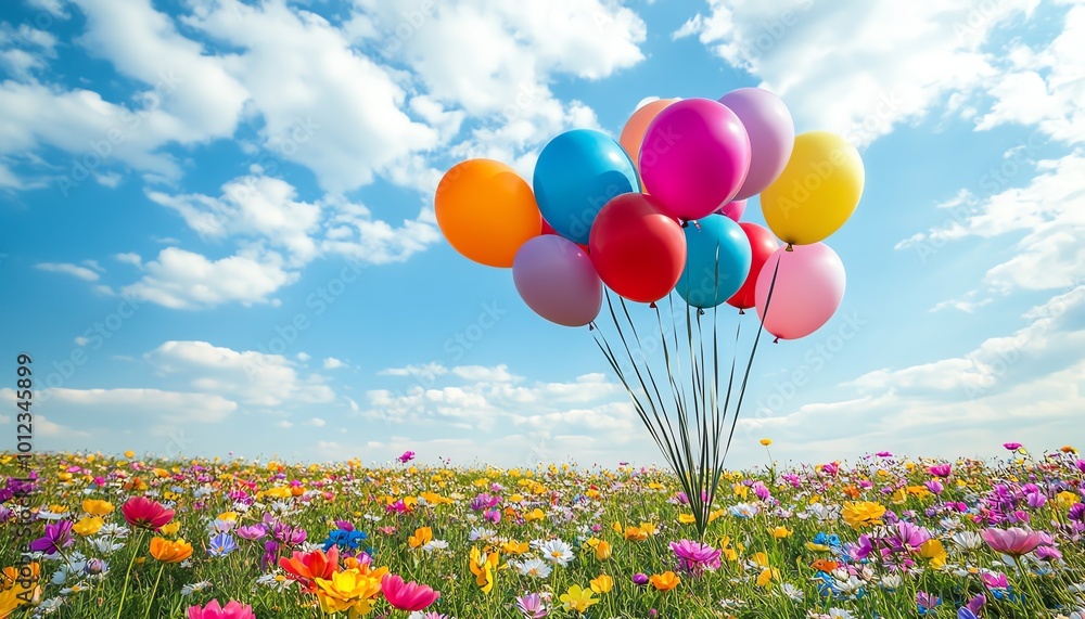 Spring flower field with vibrant balloons, creating a lively party concept image and offering central copy space for event messages Spring flower field with vibrant balloons, creating a lively party concept image and offering central copy space for event messages
