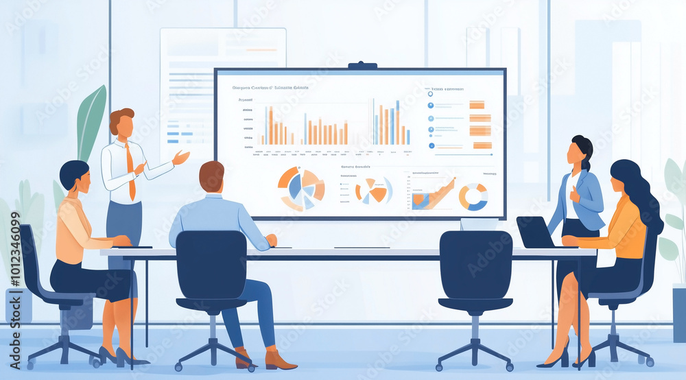 A group of business people in an office setting, sitting around a large digital screen showing real-time financial data and graphs on the TV wall. A group of business people in an office setting, sitting around a large digital screen showing real-time financial data and graphs on the TV wall.