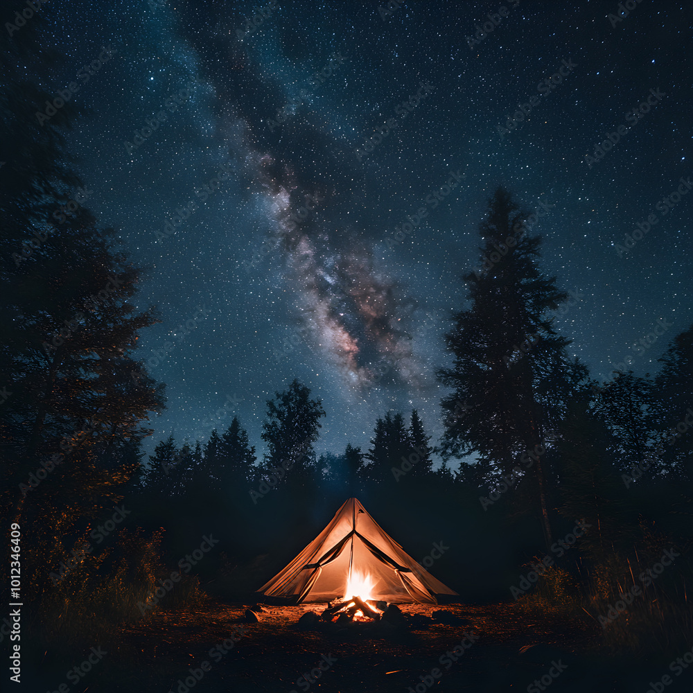 A serene scene of a glowing tent set up by a campfire in the wilderness, with a clear night sky filled with bright stars and a faint outline of the Milky Way. A serene scene of a glowing tent set up by a campfire in the wilderness, with a clear night sky filled with bright stars and a faint outline of the Milky Way.