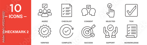 Checkmark and Approval Icon Set: 10 Line Icons Including Agree, Verified, Checklist, Consent, and Support