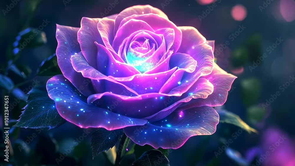 Luminescent purple rose with glowing petals in a mystical garden Luminescent purple rose with glowing petals in a mystical garden