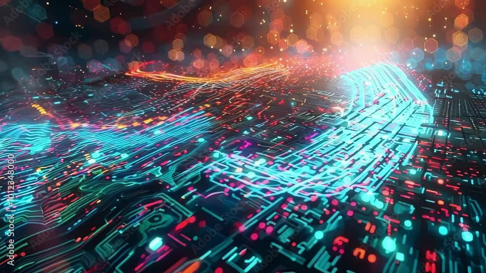 Abstract 3d illustration of a circuit board with glowing lights, representing the flow of digital information in a futuristic setting Abstract 3d illustration of a circuit board with glowing lights, representing the flow of digital information in a futuristic setting