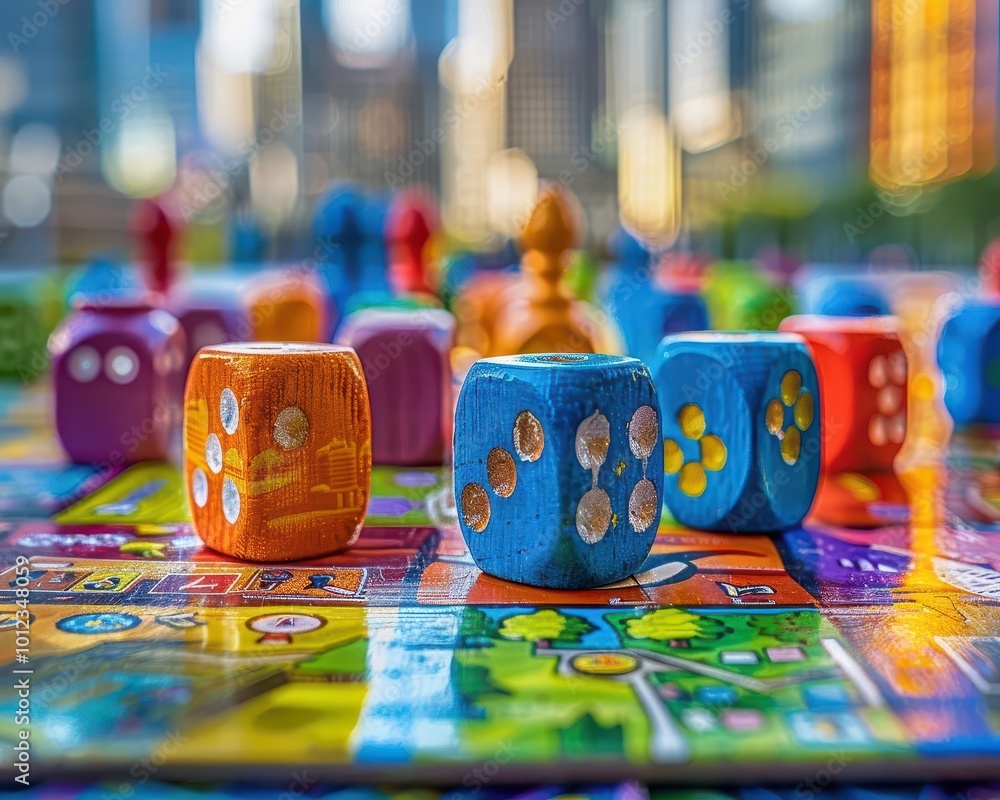 Fototapeta premium Board games with dynamic scenes, playful and inviting, Urban, Bright hues, Photograph, Game night