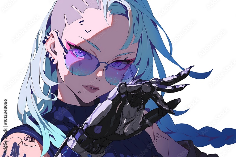 Cyberpunk Anime Girl with Blue Hair, Glasses, and Robotic Hand Cyberpunk Anime Girl with Blue Hair, Glasses, and Robotic Hand