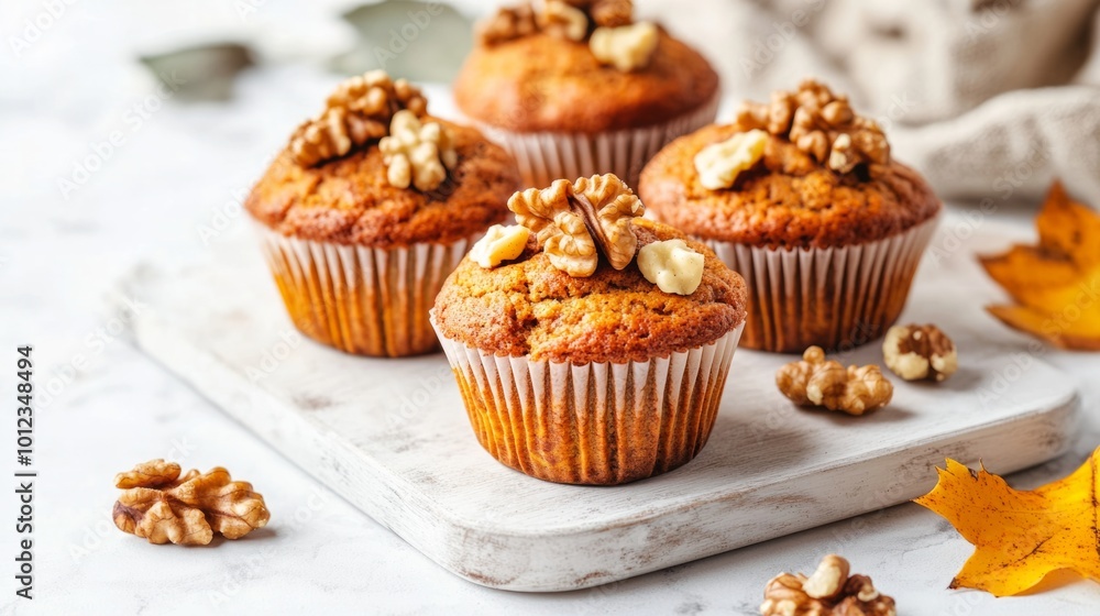 Pumpkin spice muffins with walnuts, white background. generative ai Pumpkin spice muffins with walnuts, white background. generative ai